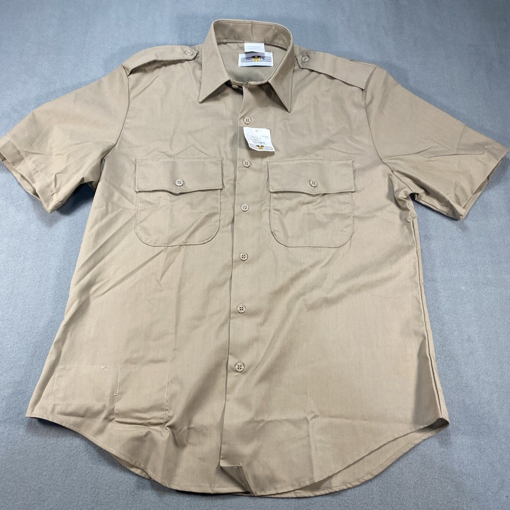 Flying Cross Mens Short Sleeve Button Up Shirt Khaki Tan Uniform Work 16.5-C